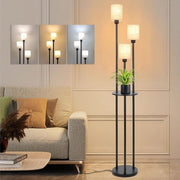 Industrial 3-Light Floor Lamp with Linen Shade, Shelves & Foot Switch