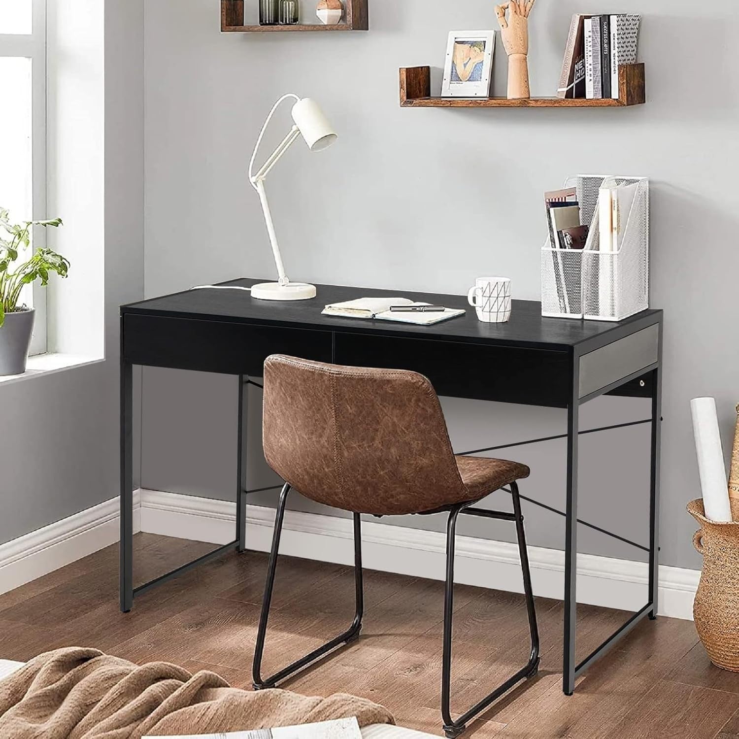 Modern Black Computer Desk w/Drawers | Metal Frame Laptop Workstation
