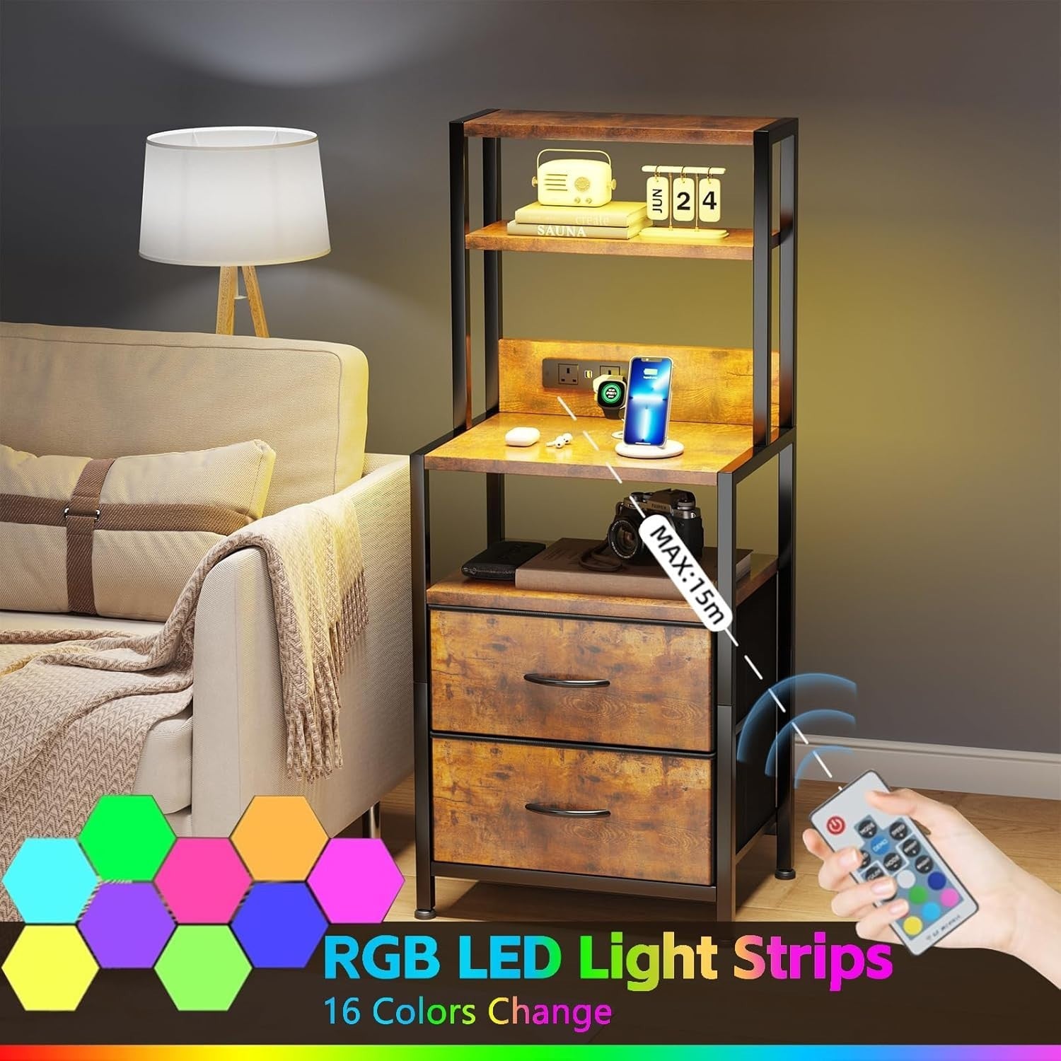 Rustic Brown Bedside Table with Charging Station & LED Light, 2 Drawers Modern