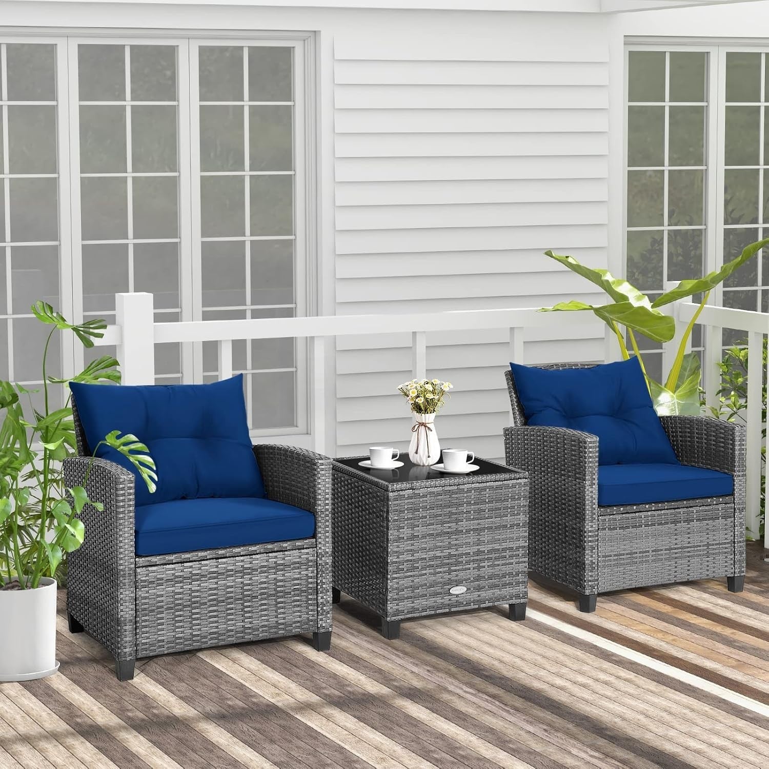 Luxury Rattan Patio Conversation Set Cushioned Chairs Glass Table Garden