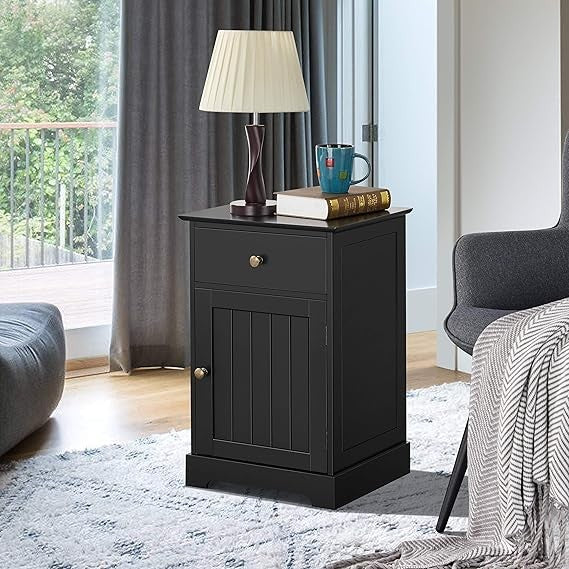 Black Bedside Tables Set of 2 | Wooden Nightstands with Drawer & Cupboard