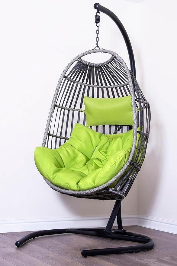 Hanging Egg Chair with Stand & Cushion | Grey Rattan | Indoor Outdoor Relaxation