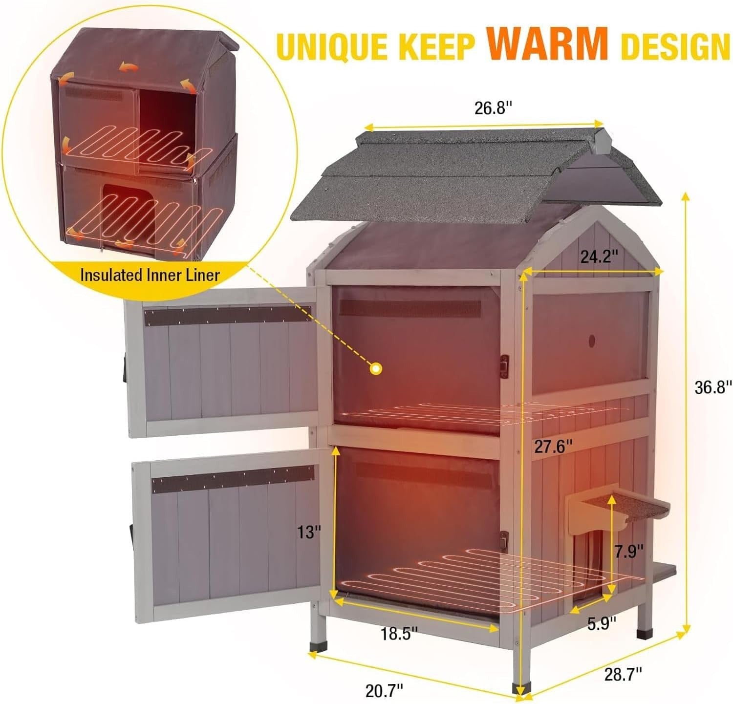 Heated 2-Level Wooden Pet House Outdoor Indoor Insulated Warm Cozy 75x75x85cm
