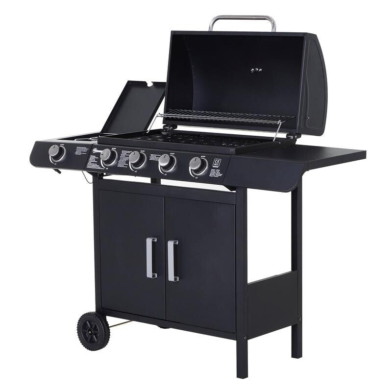 4+1 Gas BBQ Grill w/ Side Burner, Smoker Lid, Storage Cabinet & Wheels