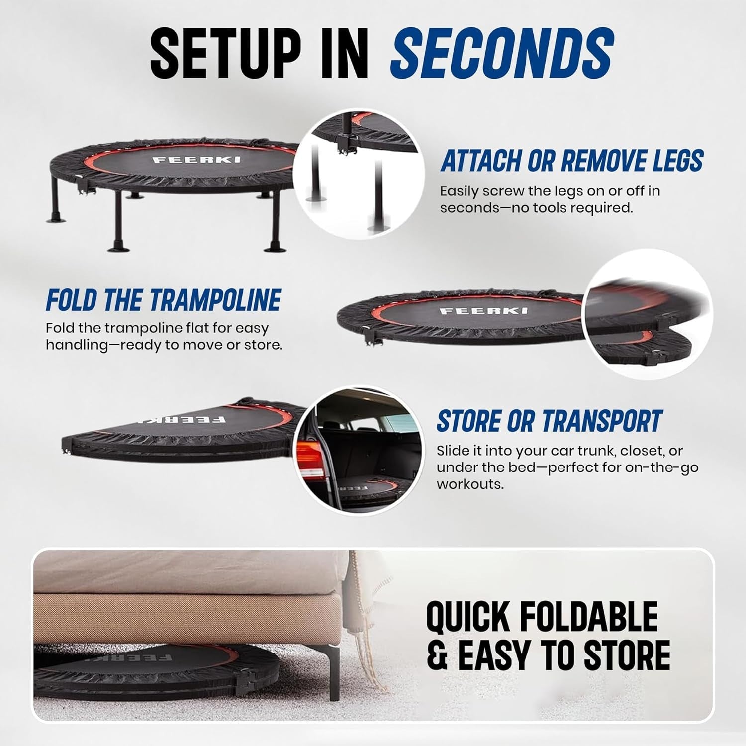 Foldable Fitness Rebounder Trampoline Silent Bungee 181kg Indoor