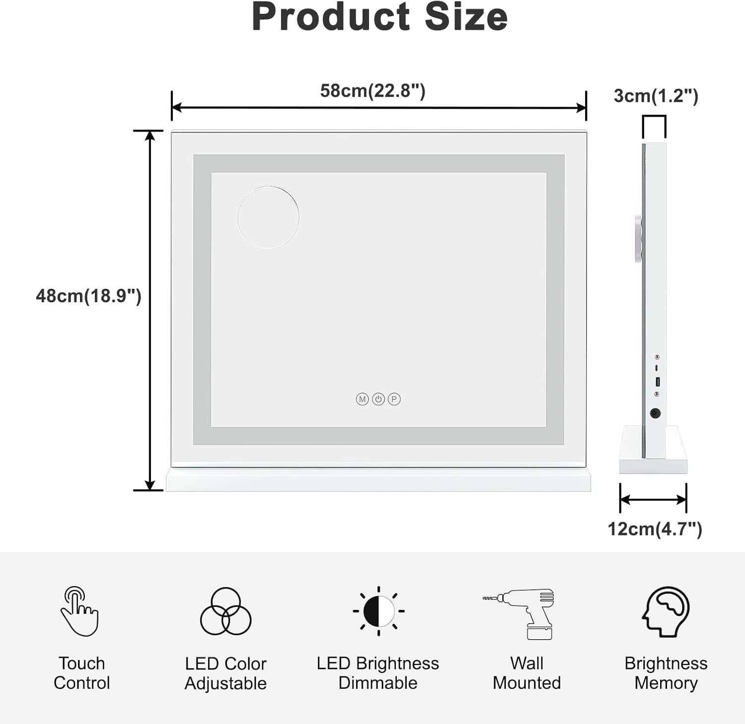 LED Vanity Mirror 58x48cm with Lights USB Tabletop Wall Mount Makeup