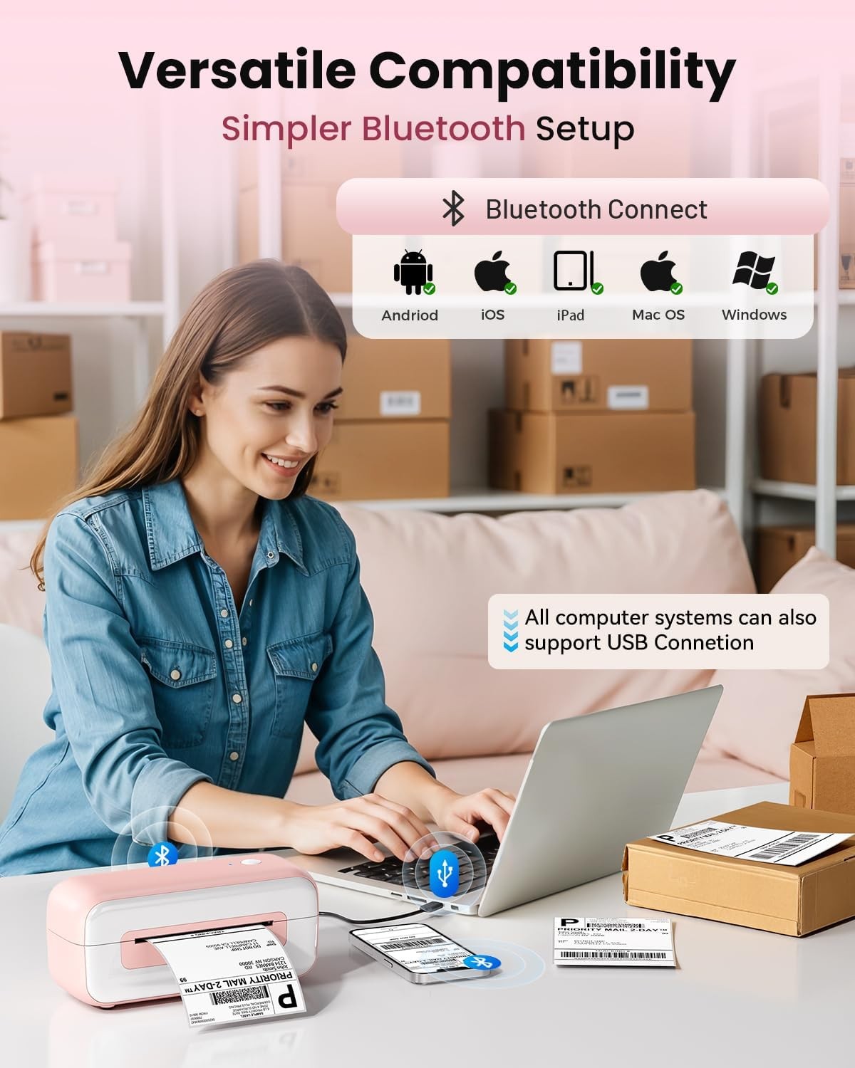 Bluetooth Thermal Shipping Label Printer 4x6 Desktop Pink