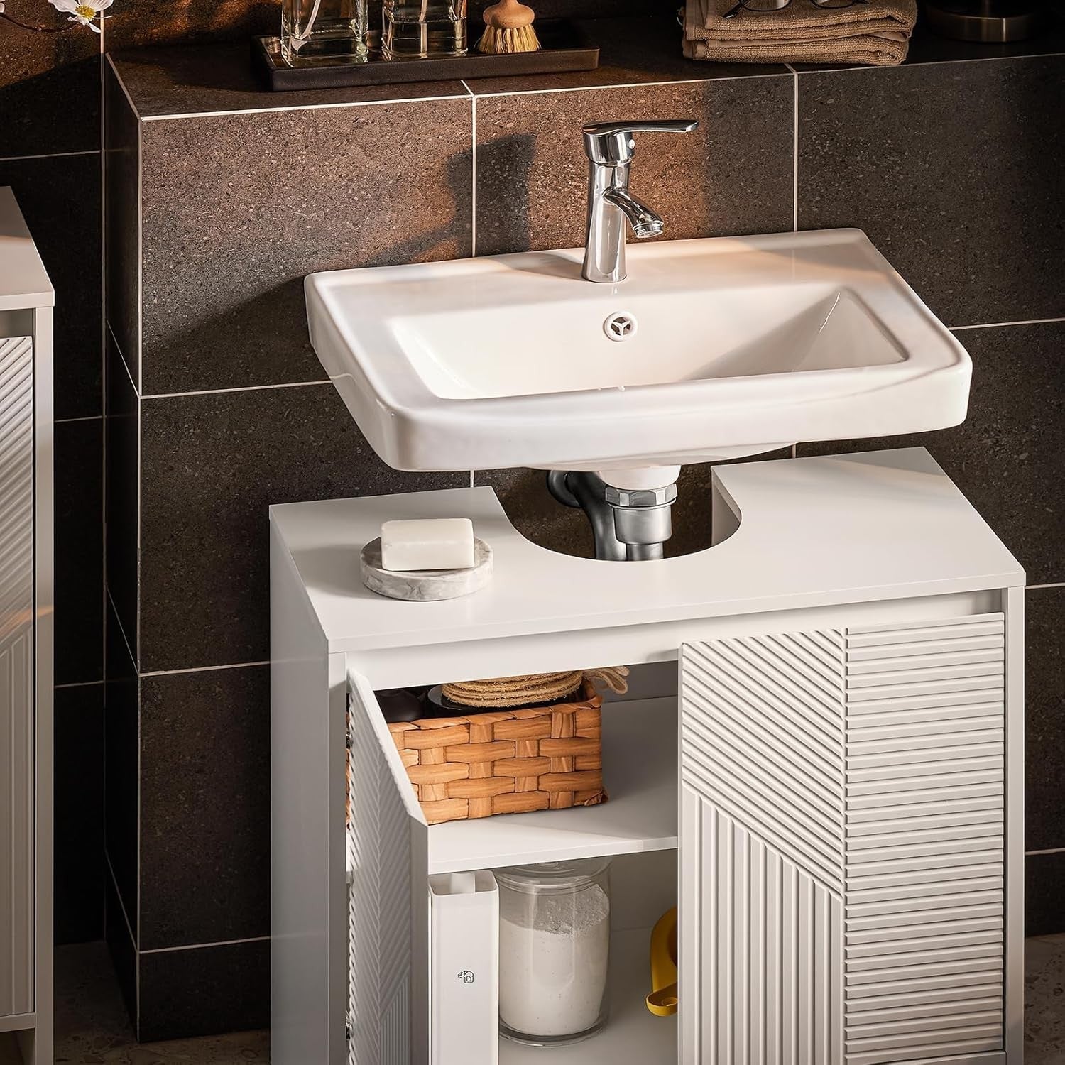 Slim White Under Sink Bathroom Cabinet – Adjustable Shelves Storage Unit