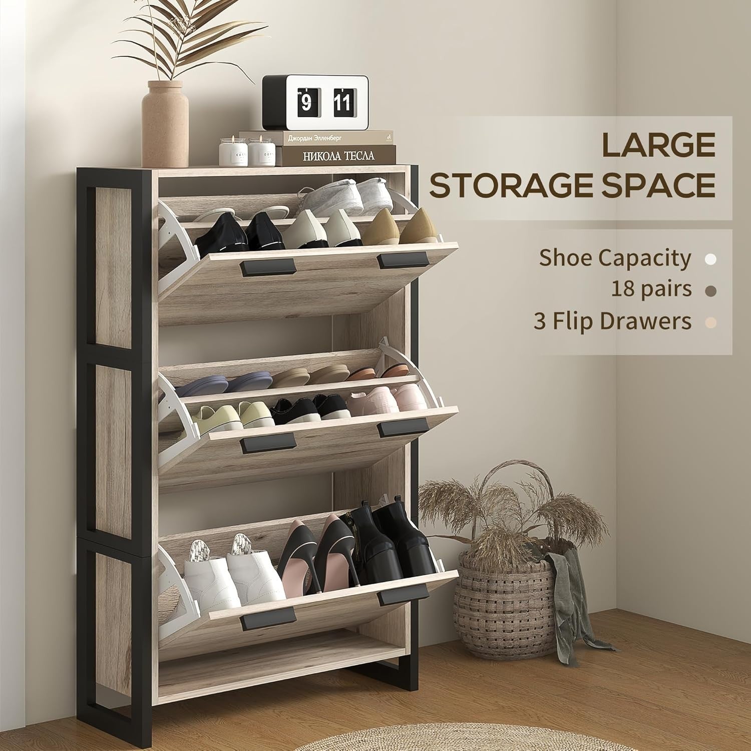 Slim 3 Drawer Shoe Cabinet with Adjustable Shelves, Flip Doors, 18 Pairs Storage