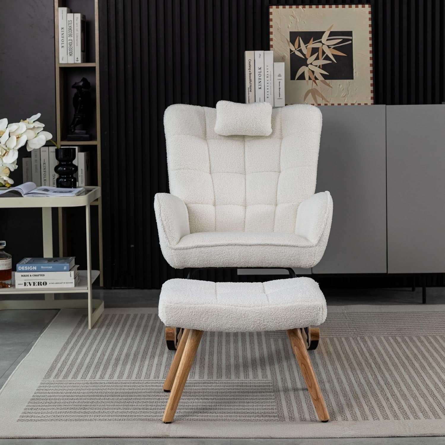Tufted Rocking Chair with Footstool – High Back, Soft Linen, Solid Wood Legs