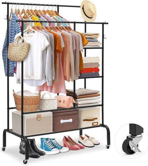 Heavy Duty Clothes Rail Double Hanging Rack Shelves Black