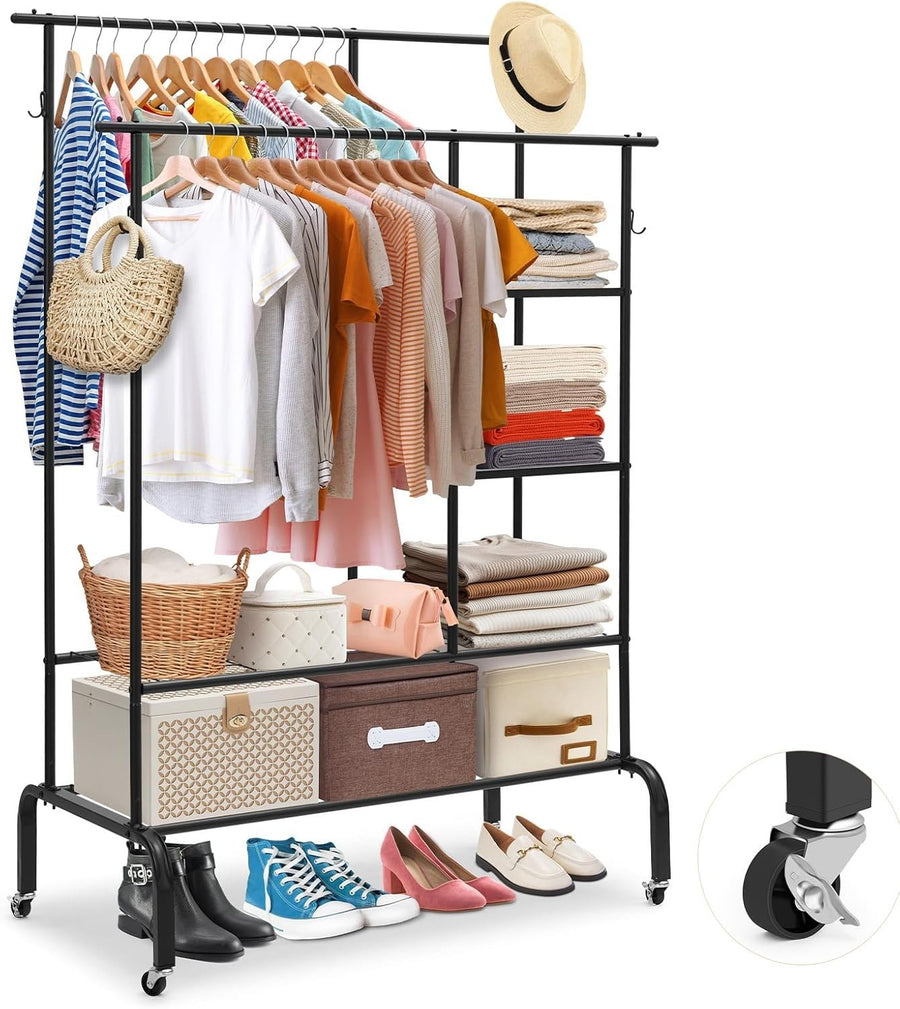 Heavy Duty Clothes Rail Double Hanging Rack Shelves Black