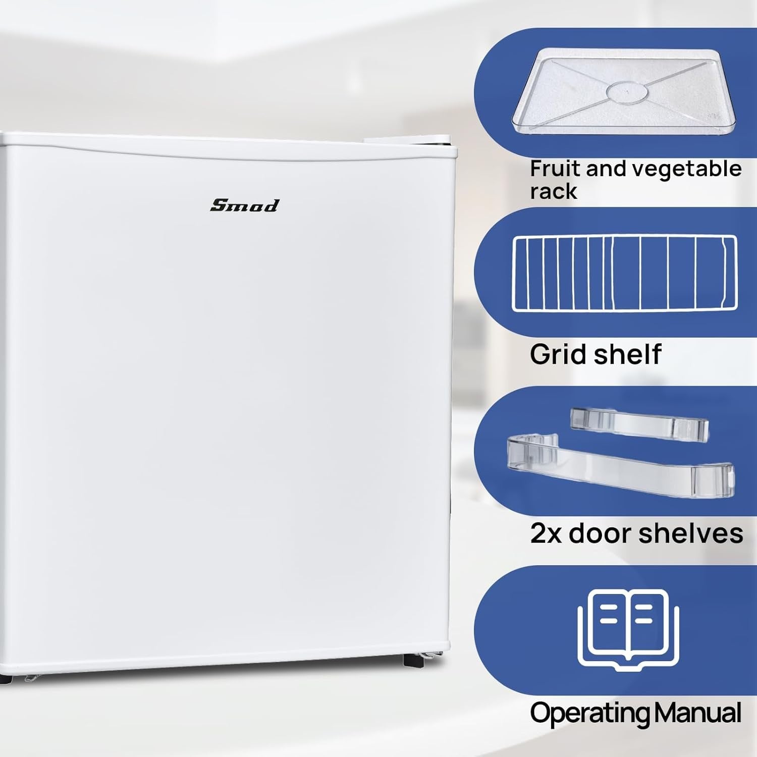48L Mini Fridge Table Top Quiet Drinks Cooler Reversible Door White