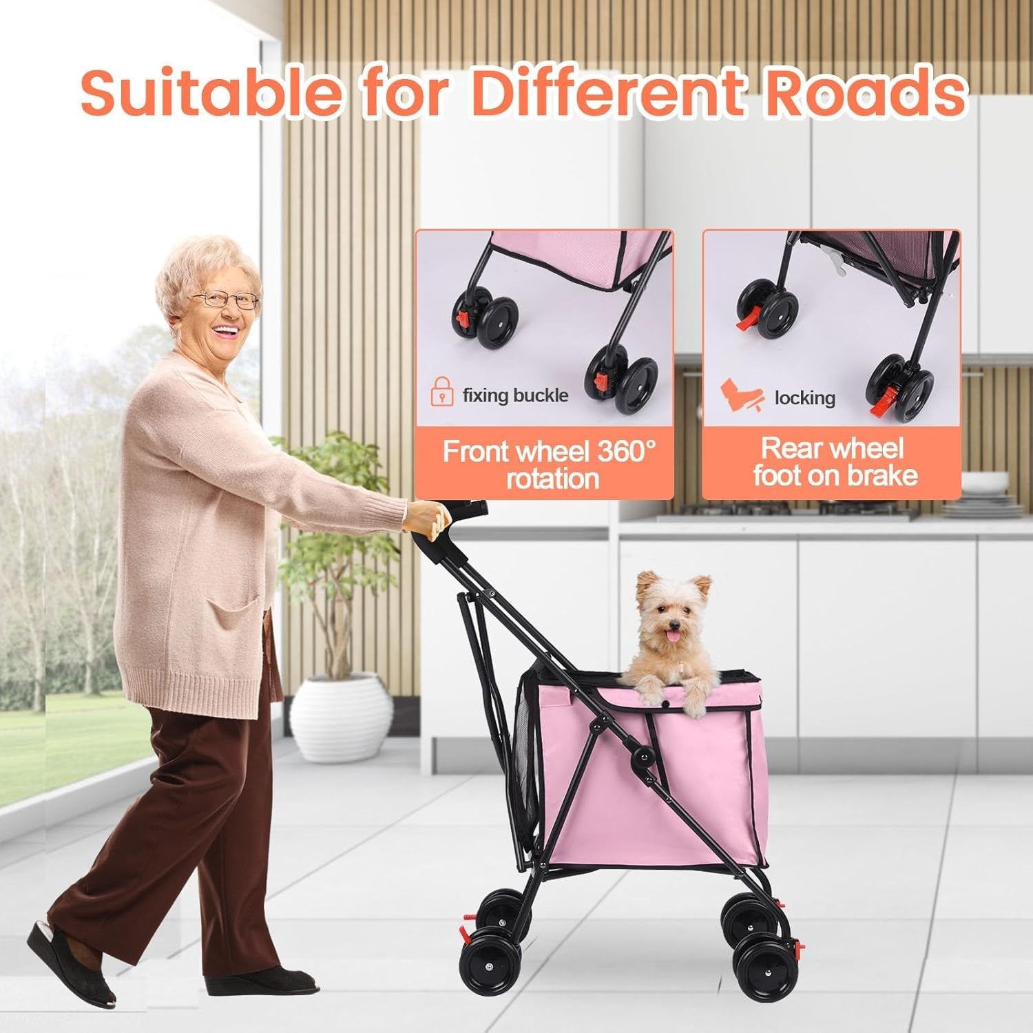Pink Foldable Pet Shopping Cart Stroller 60lb Heavy Duty Utility Wagon