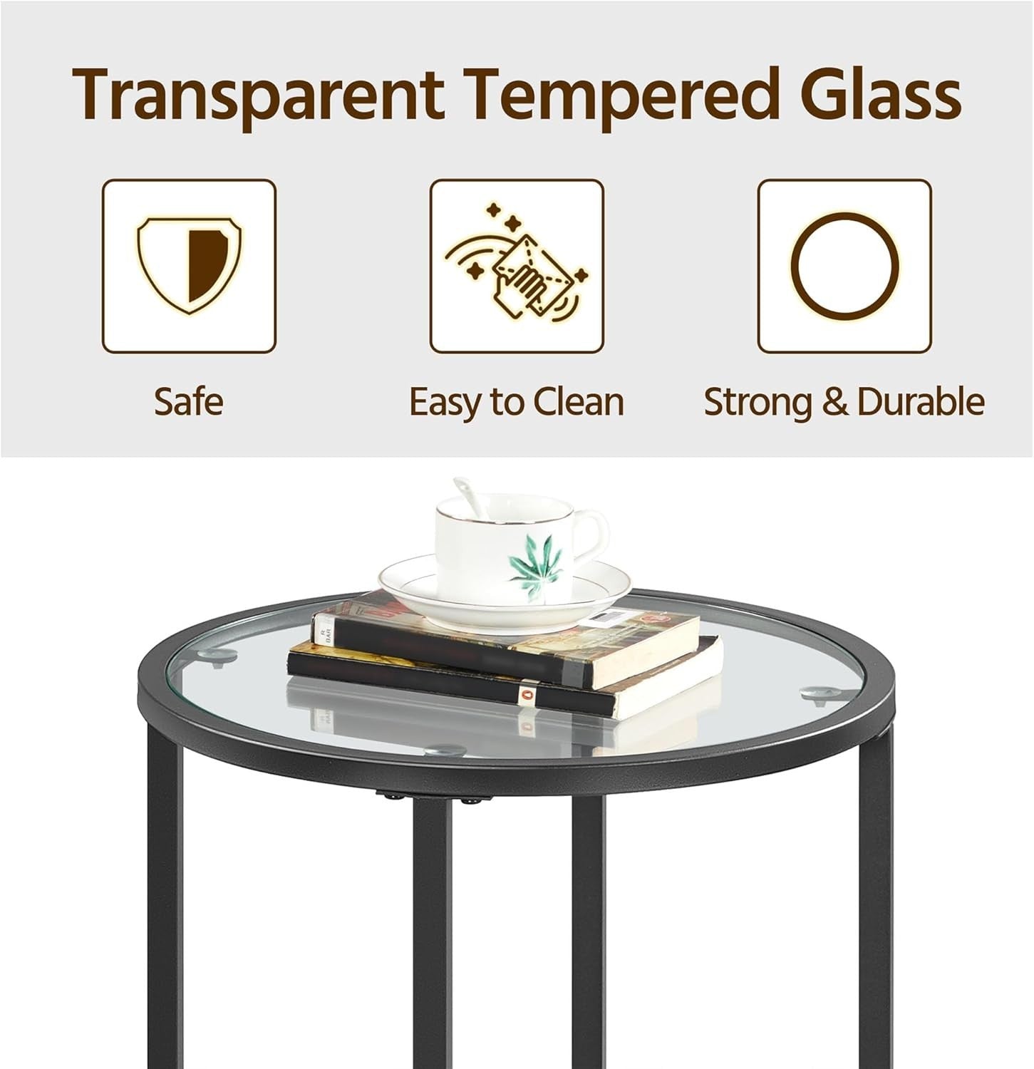 Set of 2 Round Glass Top Side Tables, Adjustable Feet, Modern Black Metal Frame