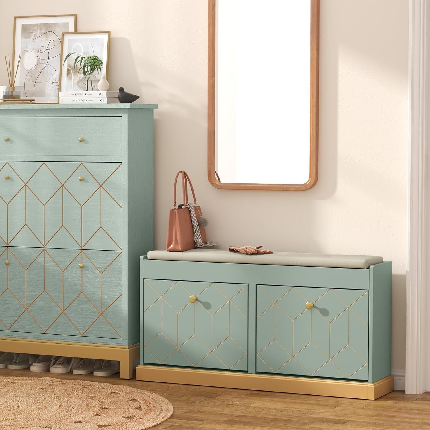 Green Shoe Bench with Cushion & Flip Drawer Hallway Storage 99.6x27.2x49.5cm