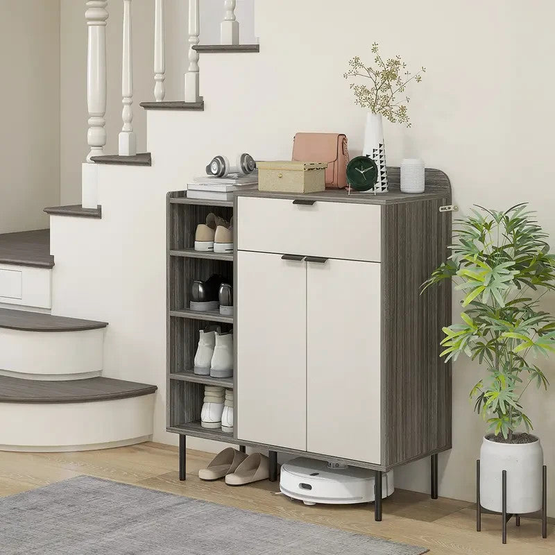 Modern Shoe Cabinet Storage Unit with Drawers & Open Shelves - Grey White