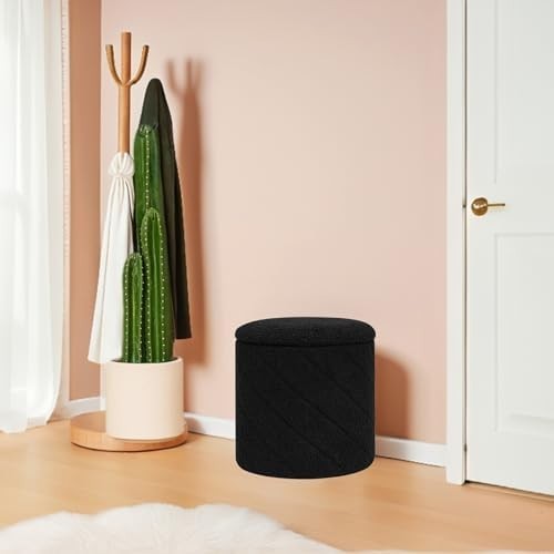 Black Round Storage Ottoman Footstool 3-in-1 Seat with Lid 33x33x35cm