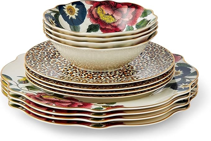 12pc Fine China Dinnerware Set Gold Trim Floral Plates Bowls Service for 4