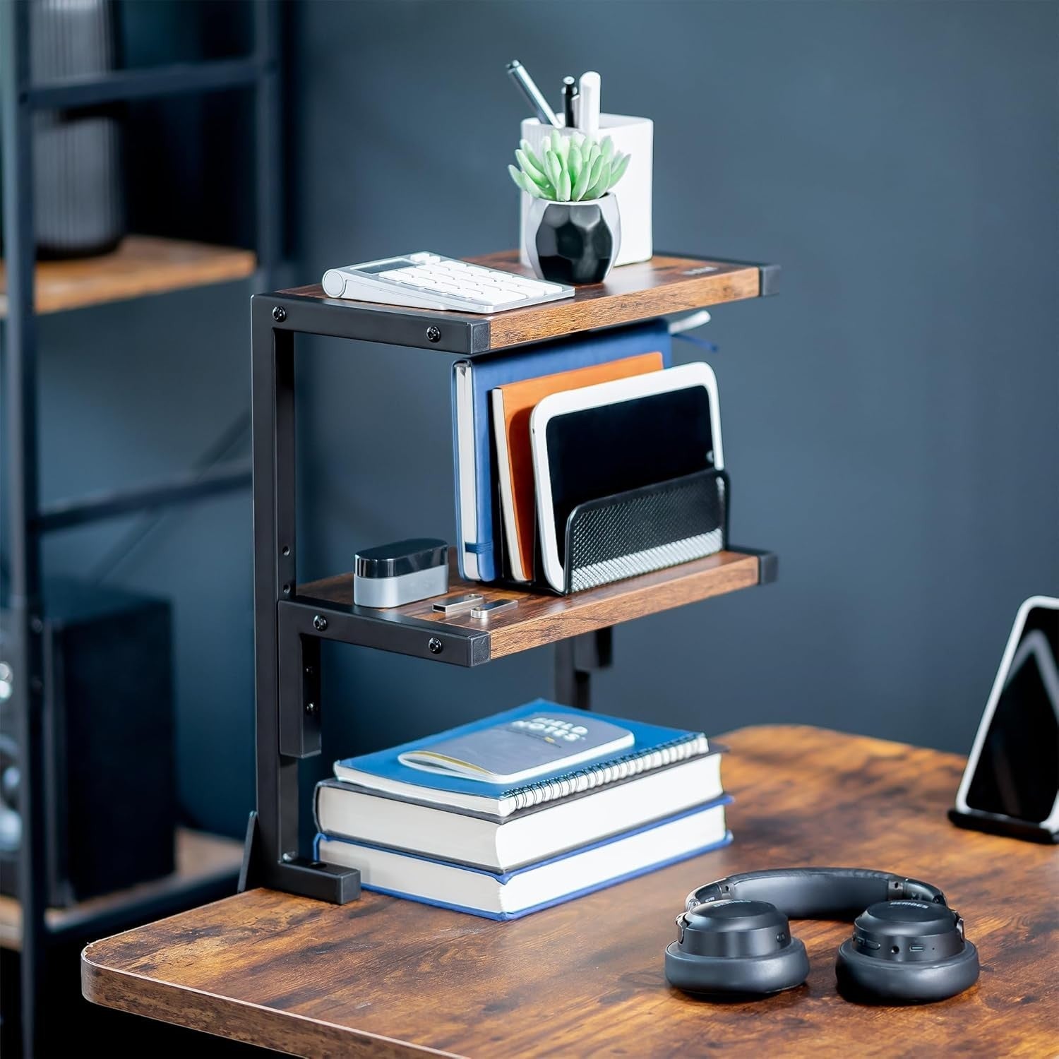Clamp-On Desk Shelf 2-Tier Rustic Brown 13" Above/Below Mount Storage Organizer