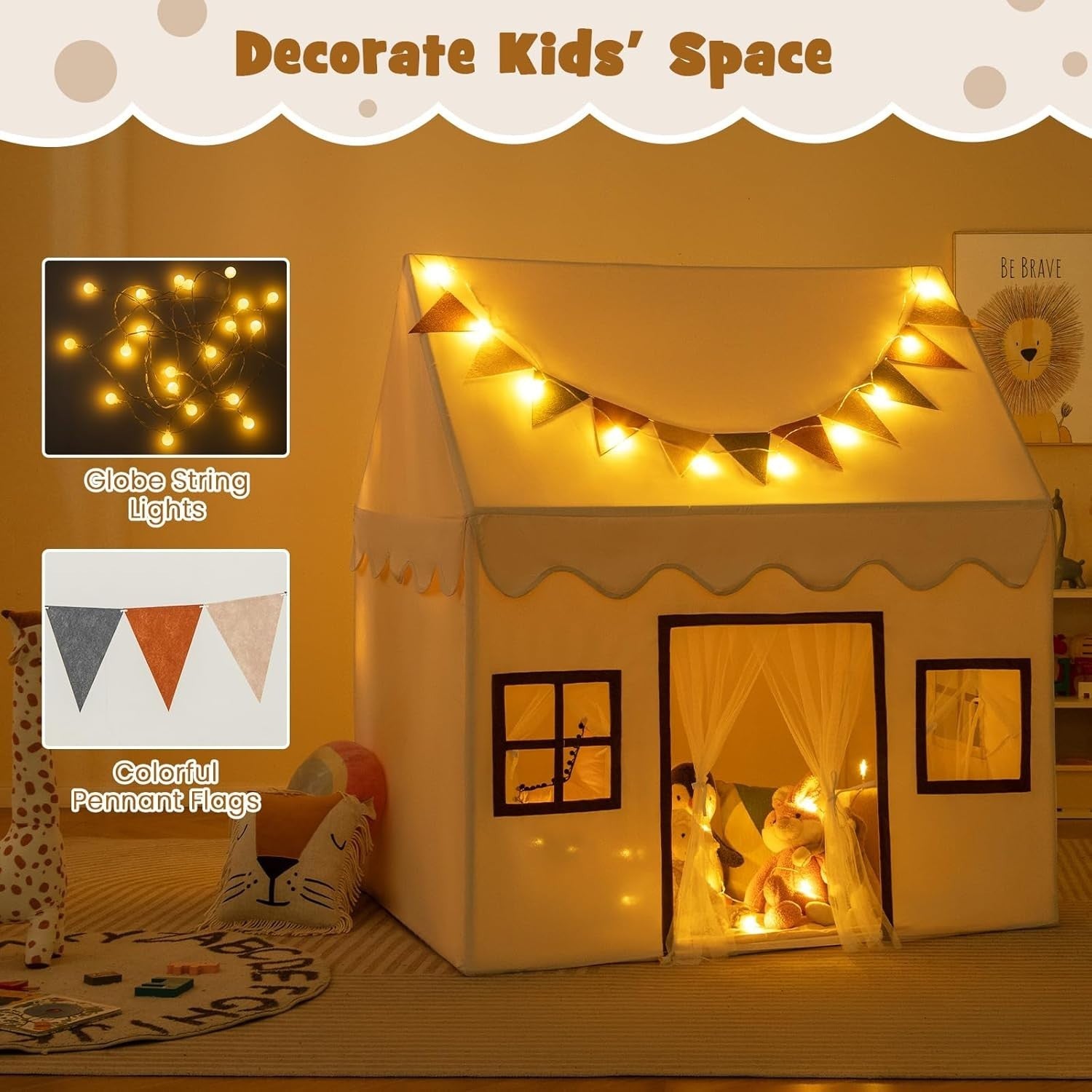 Large Kids Castle Play Tent Indoor Outdoor w Lights Mat Windows Flags