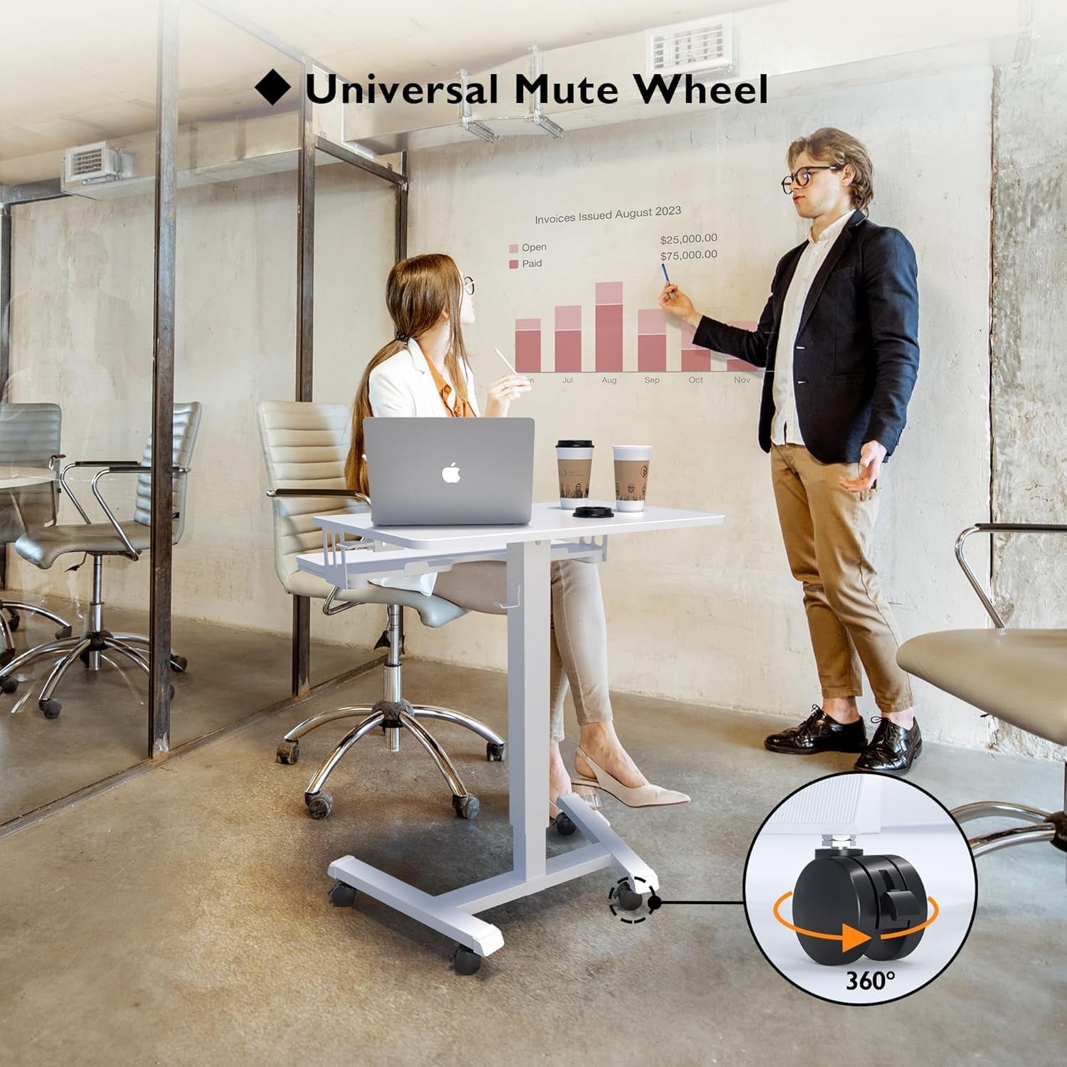 Height Adjustable Mobile Standing Desk on Wheels Laptop Workstation White