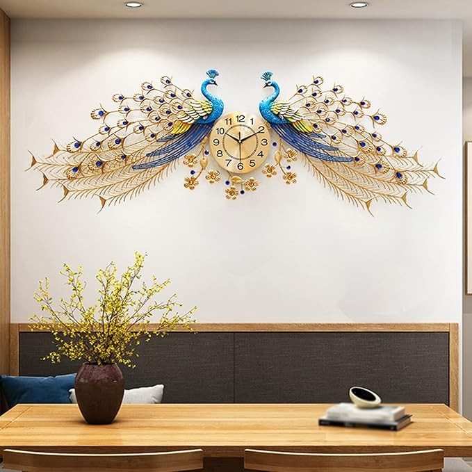Large Twin Peacock Wall Clock 156cm Luxury Metal Art Silent Modern Home Decor