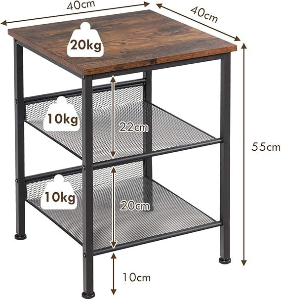 Industrial Side Table with Metal Mesh Shelves, Rustic 3 Tier Storage Stand