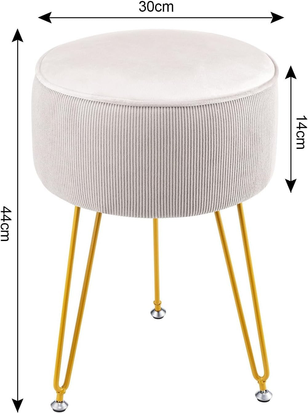 White Round Vanity Stool with Metal Legs – Padded Dressing Table Chair