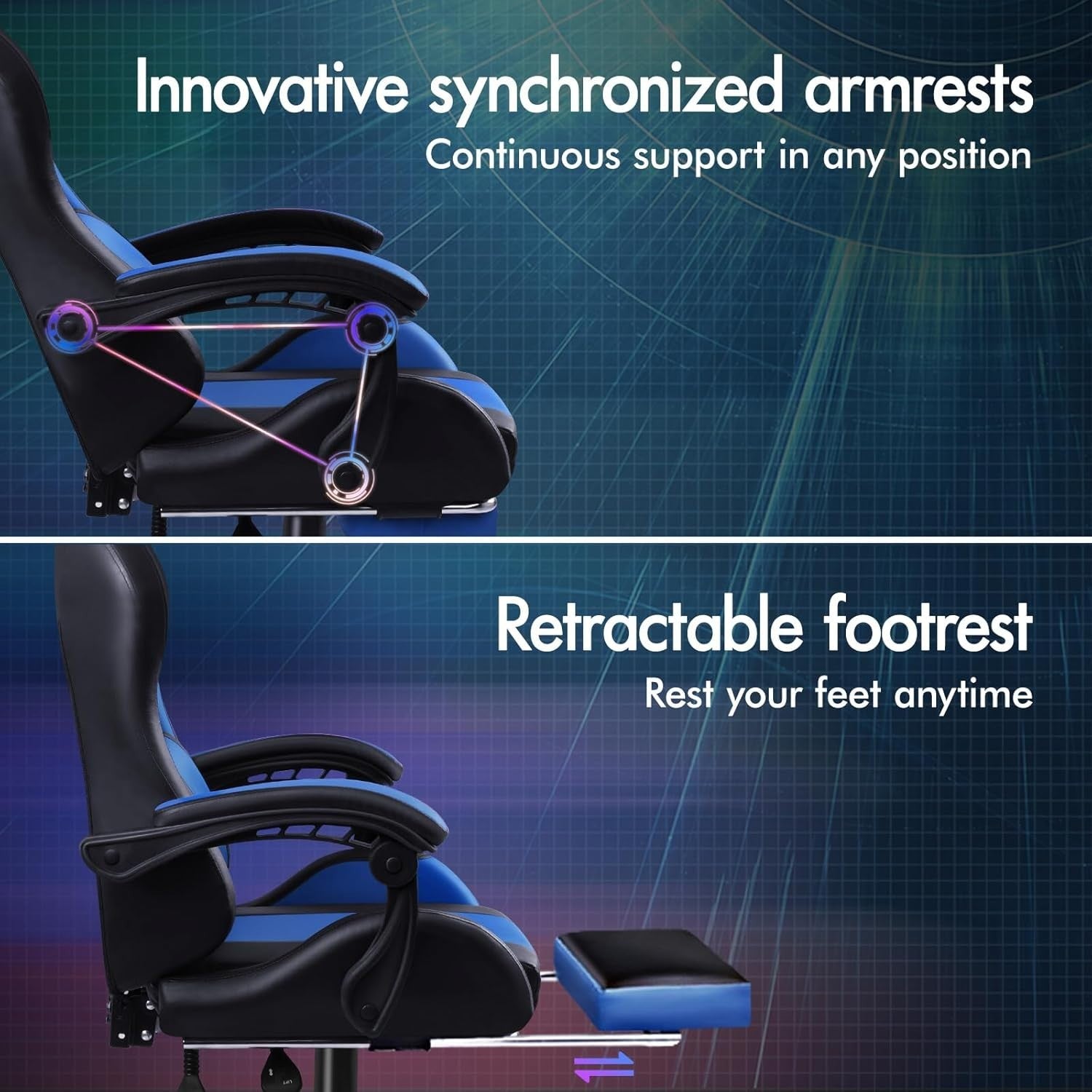 Gaming Chair Recliner Office Swivel Desk Chair Massage Lumbar Cushion Blue PU Le