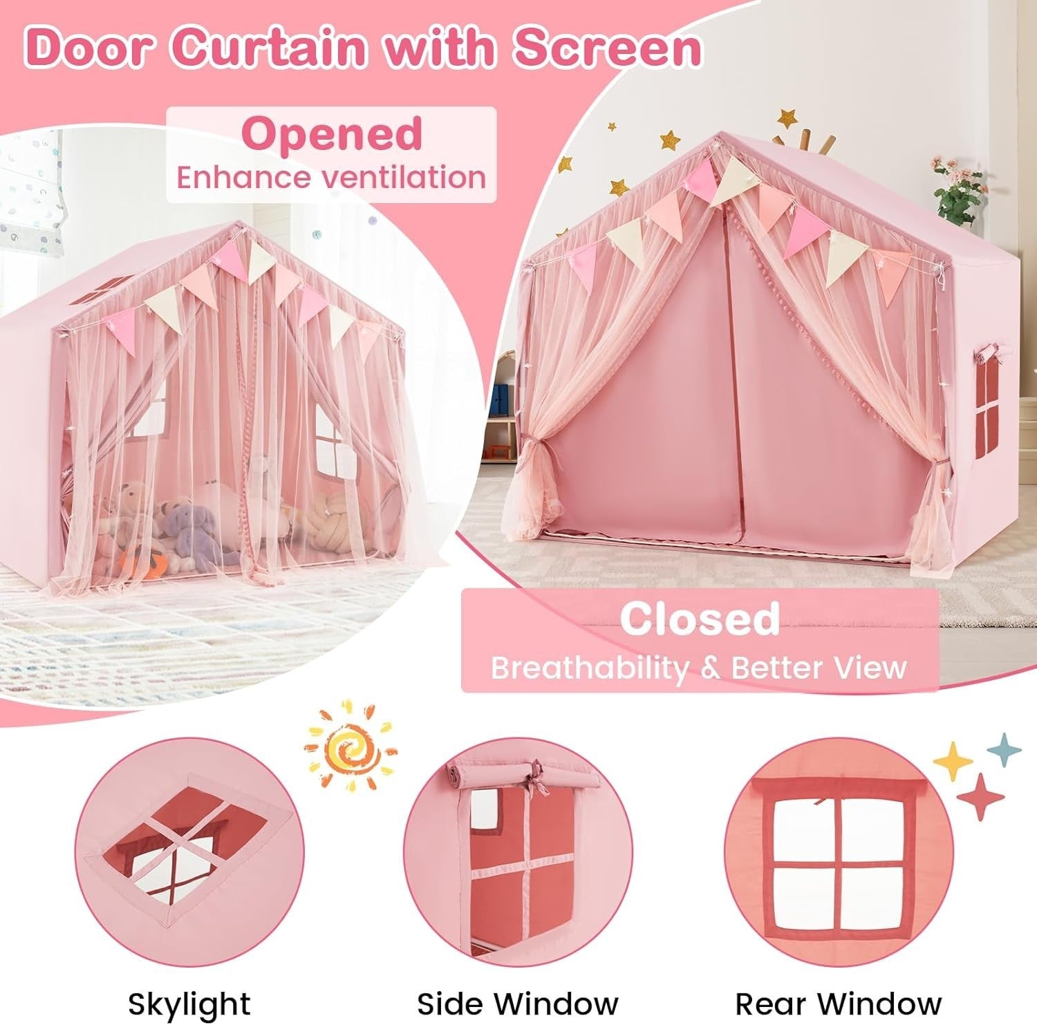 Pink Kids Fairy Playhouse Tent Indoor Outdoor w Lights Curtains Mat