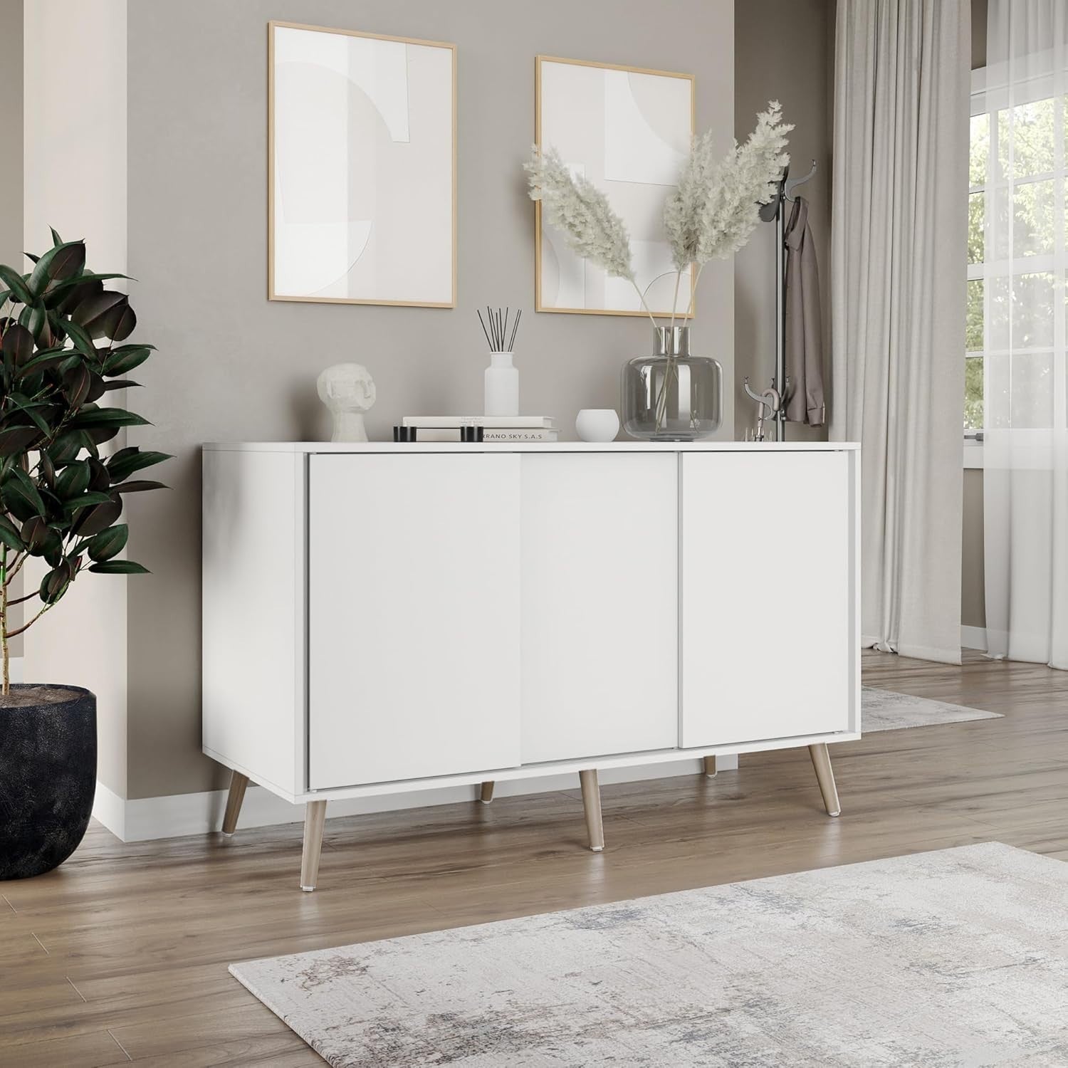 White Sideboard Cabinet 3 Door Storage Beech Legs Modern Sliding Unit