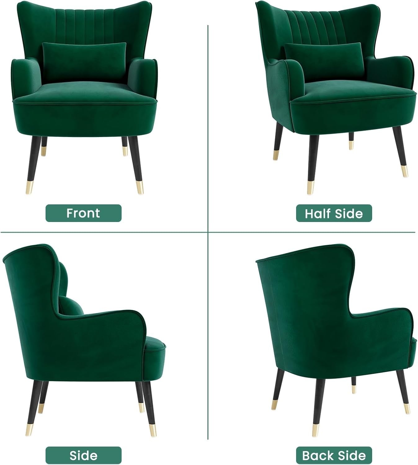 Velvet Armchair Lounge Chair with Lumbar Pillow – Modern Green Accent