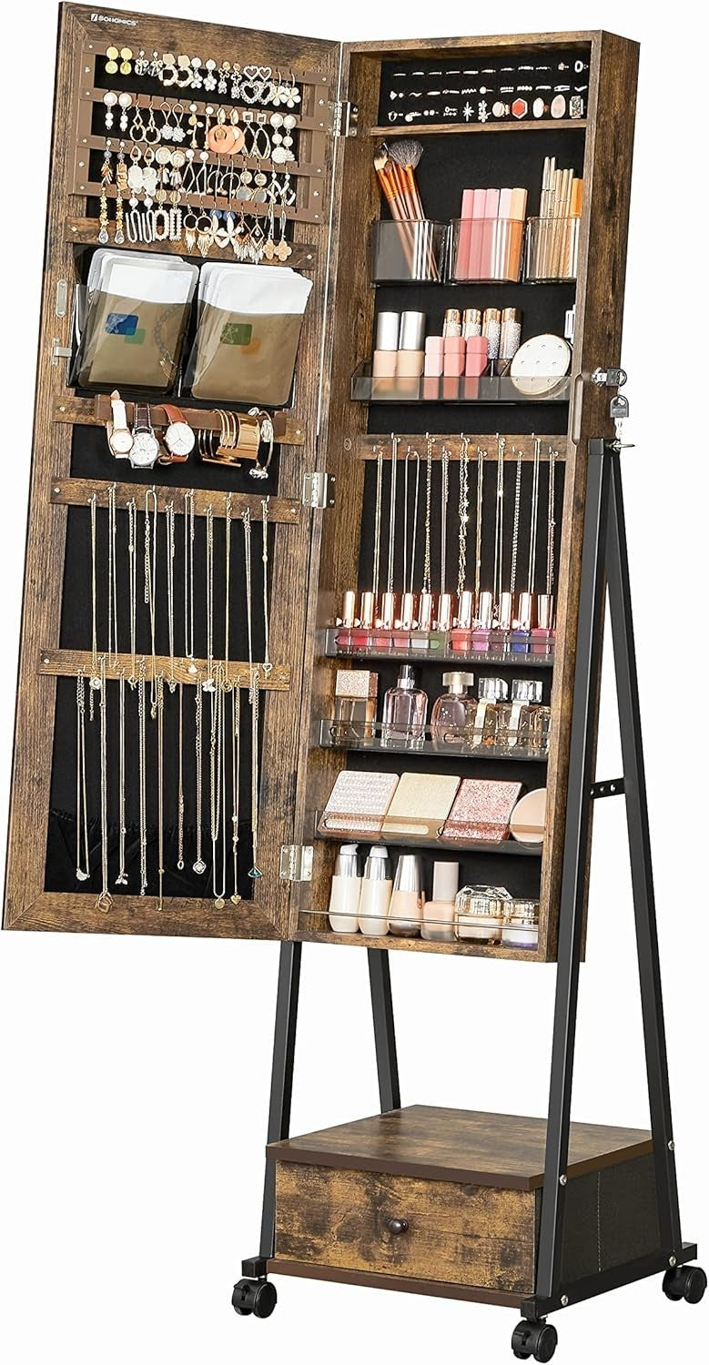 Lockable Rolling Jewelry Cabinet Full Length Mirror Drawer Shelf Organizer