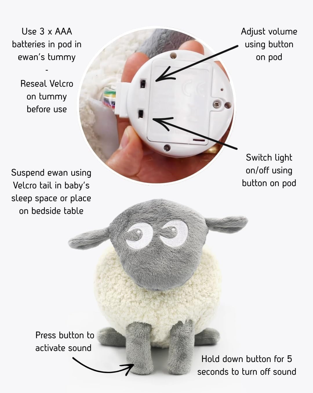 Baby Sleep Aid White Pink Noise Plush Night Light Womb Heartbeat Soother