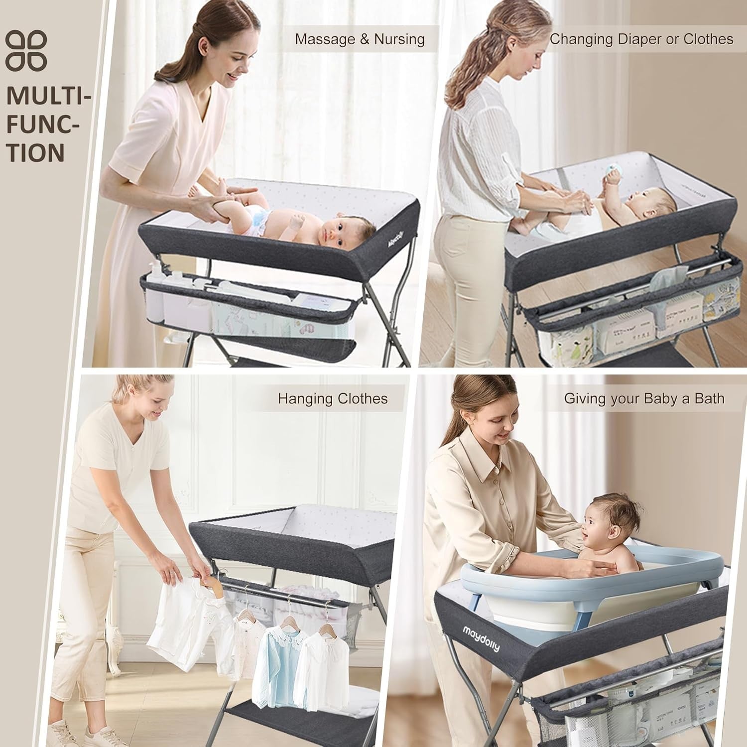 Baby Changing Table Adjustable Folding Diaper Station with Storage Dark Grey