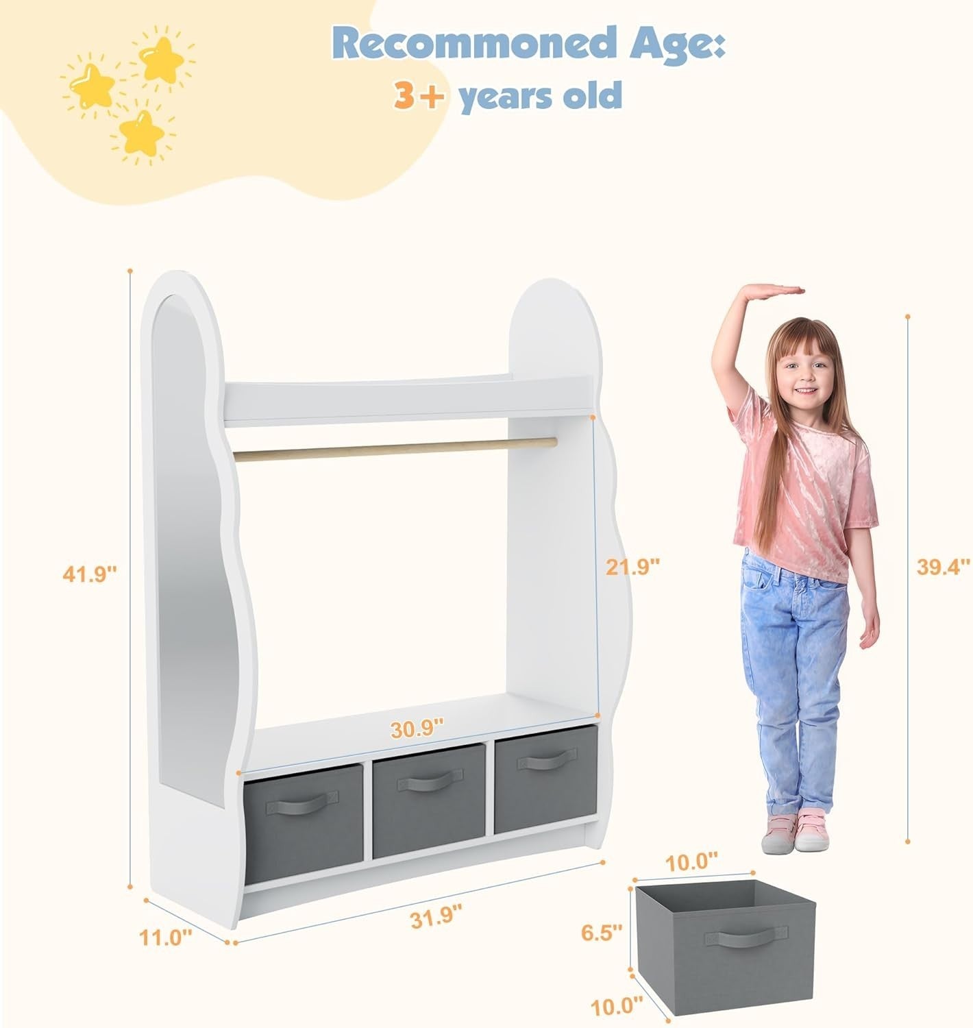 Kids Wardrobe with Mirror, Hanging Rail & 3 Drawers, White Cloud Design