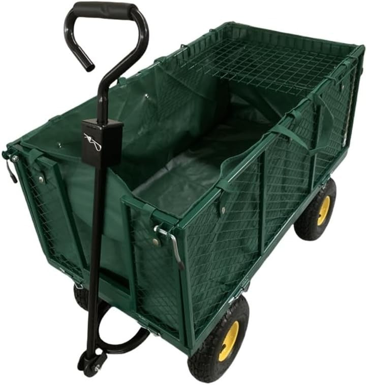 Heavy Duty 550kg Steel Garden Trolley Wagon with Removable Sides & Liner Green