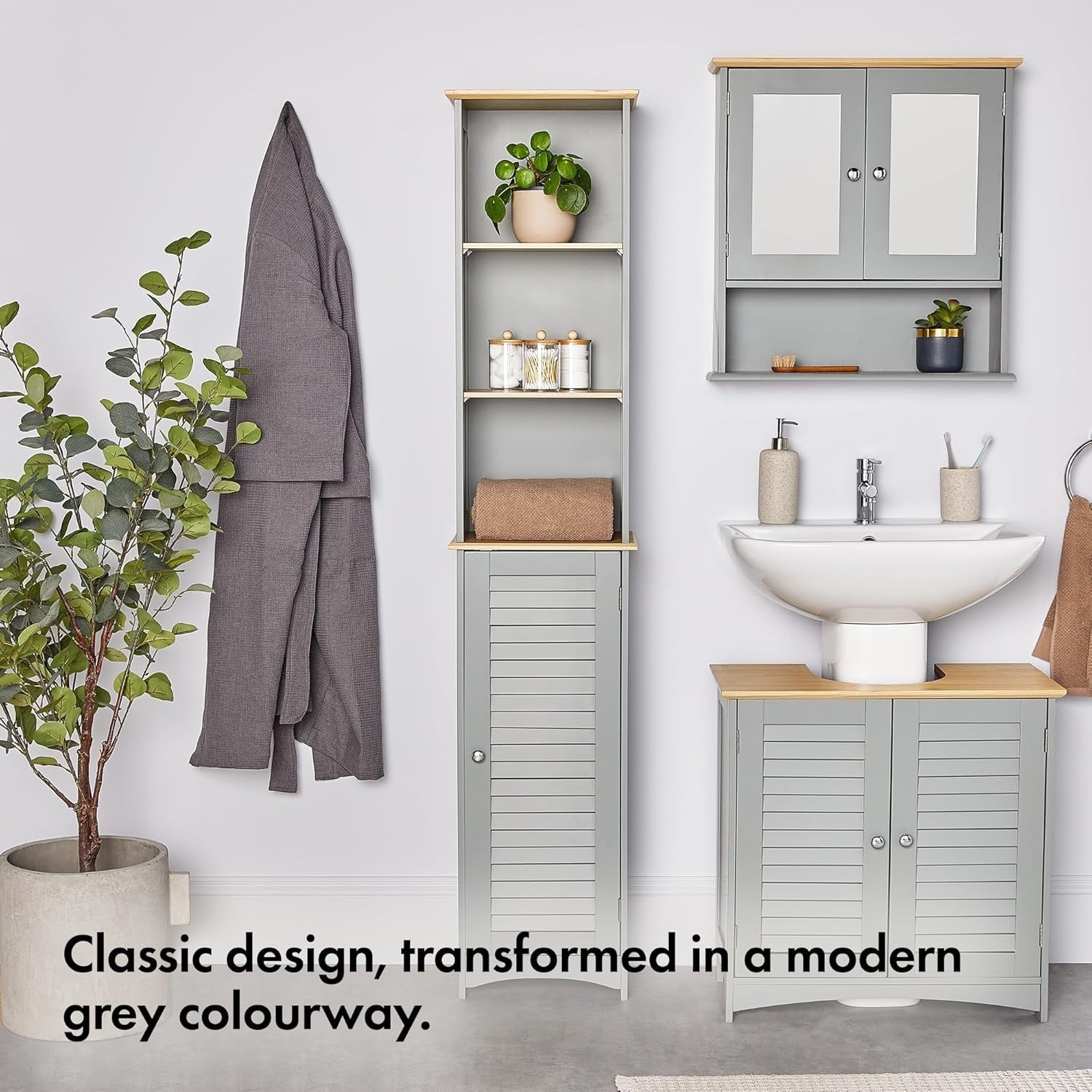 Tall Slim Bathroom Storage Unit Grey – 6 Shelf Cupboard with Door
