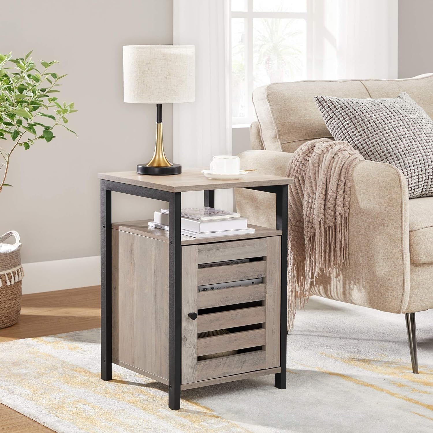 Greige Industrial Bedside Table with Adjustable Shelf & Slatted Drawer