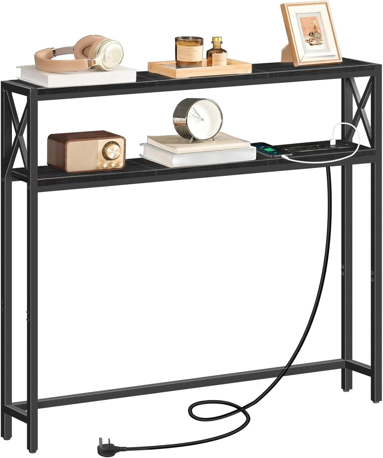 Narrow Sofa Table with Charging Station & Dual USB Ports, 100x15x100cm