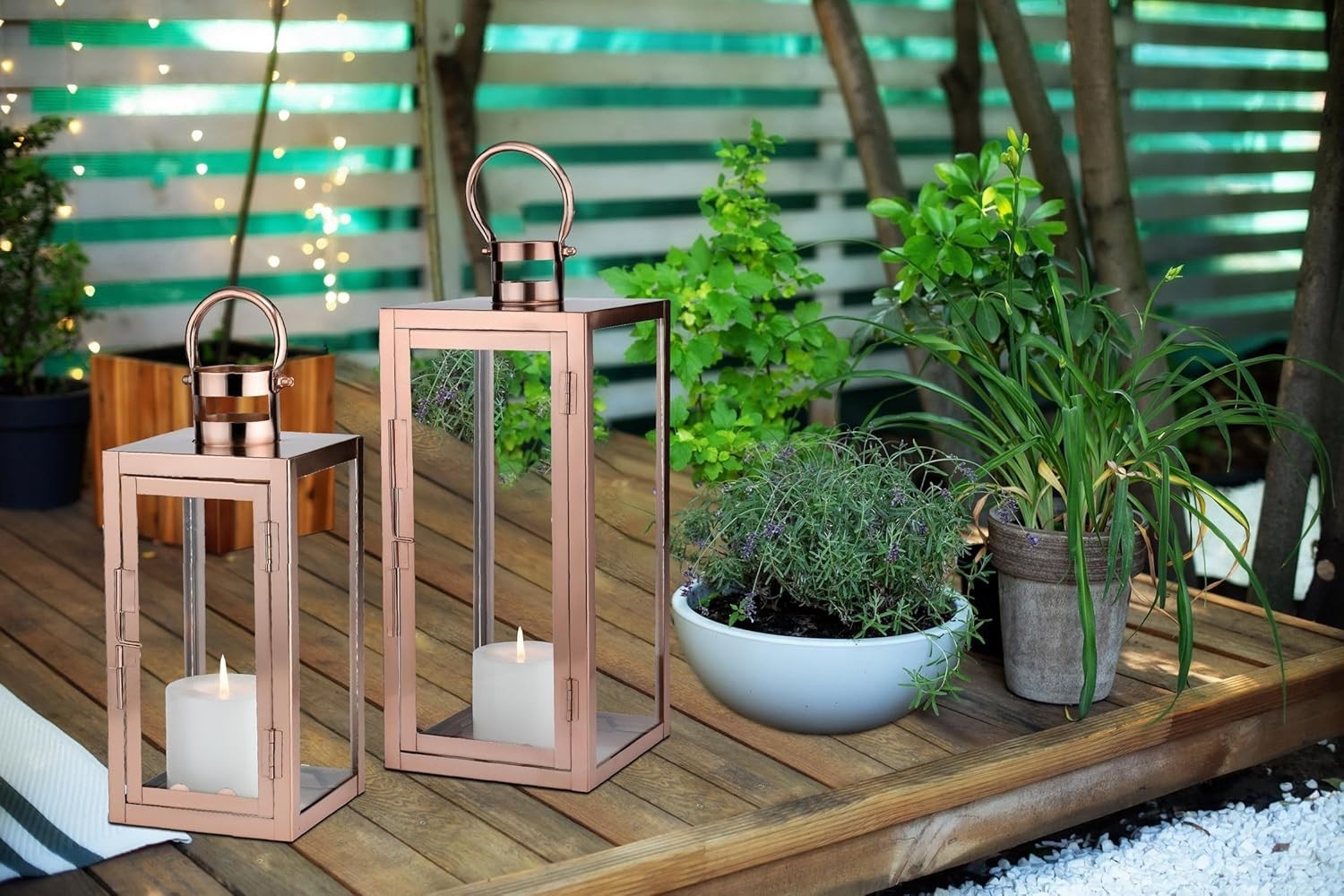 2 Pack Marra Copper Metal Garden Lanterns Indoor Outdoor Decor