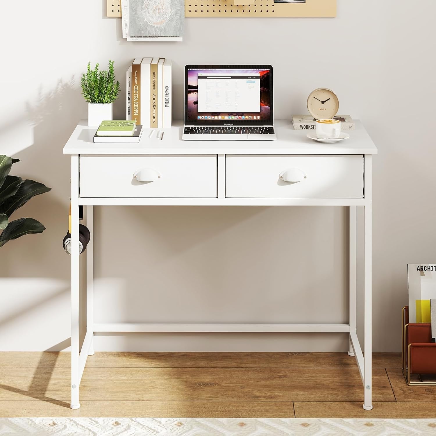 Computer Desk with Drawers White Home Office Study Table Hooks Storage