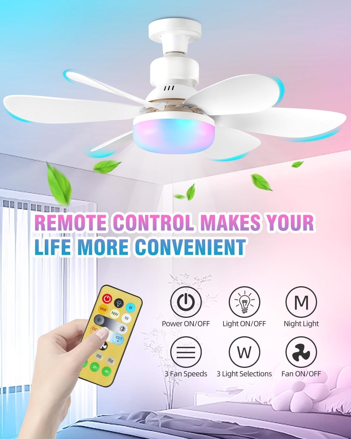 52cm Ceiling Fan Light, RGB Dimmable LED, 3 Speeds, E27 Base, Remote