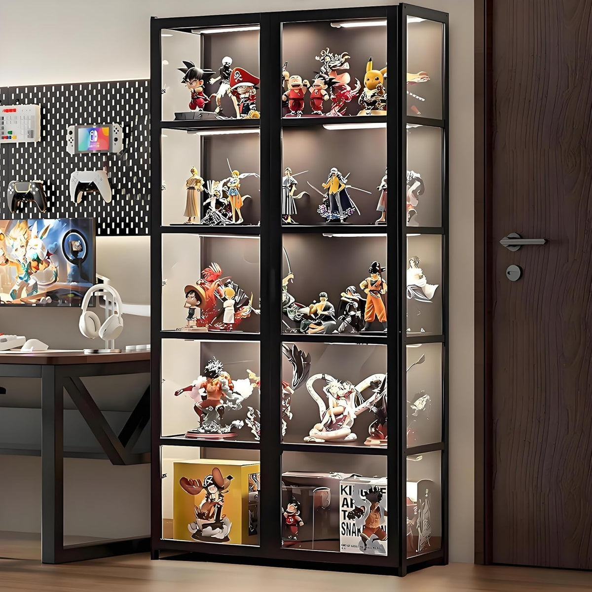 5 Tier Display Cabinet with LED Light, Acrylic Glass Door Curio Shelf Unit