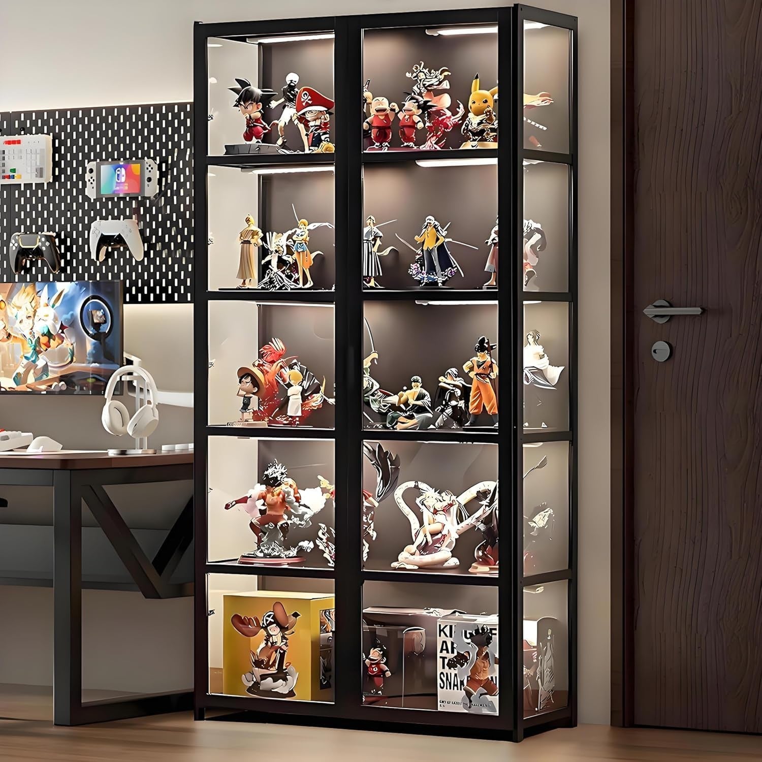 5 Tier Display Cabinet with LED Light, Acrylic Glass Door Curio Shelf Unit