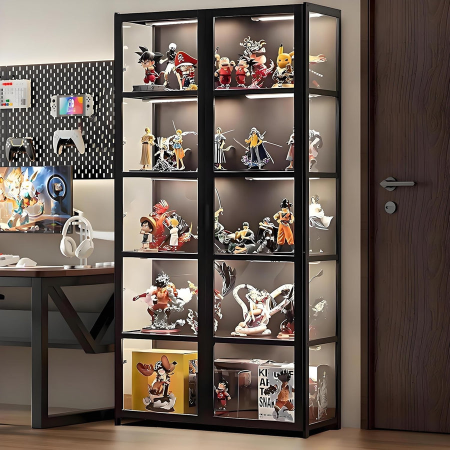 5 Tier Display Cabinet with LED Light, Acrylic Glass Door Curio Shelf Unit