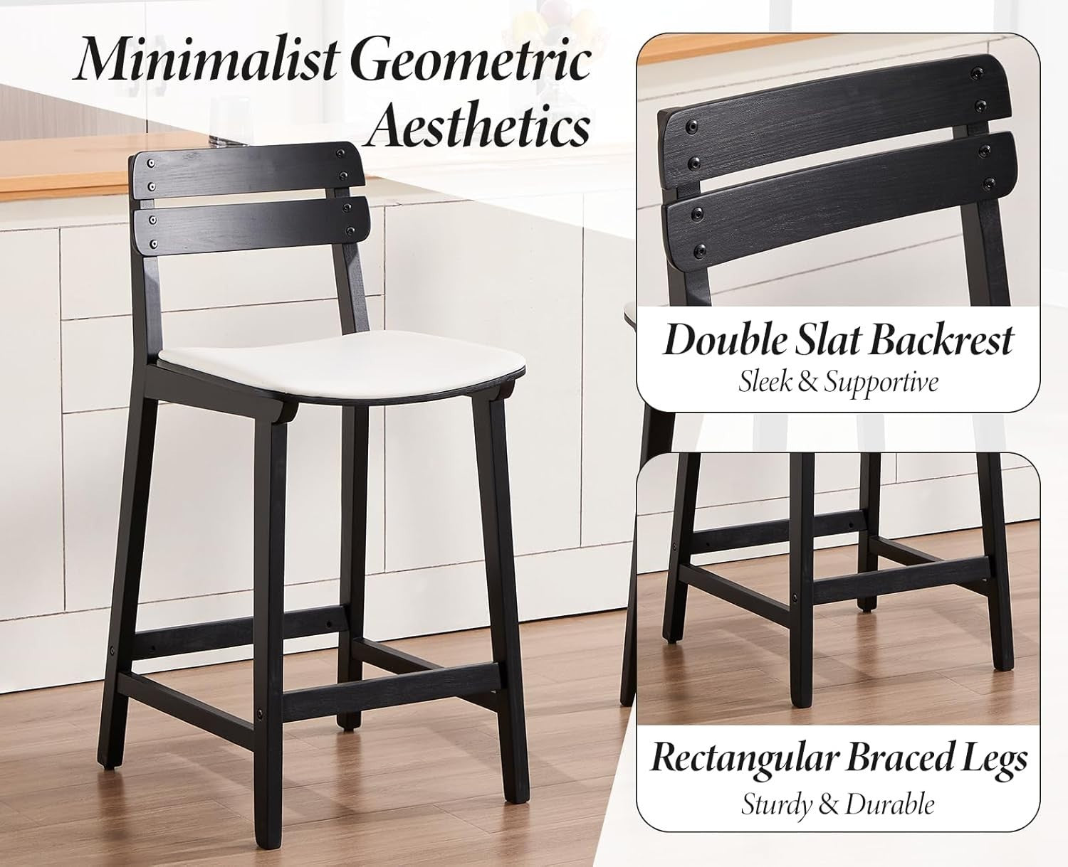 Wood Bar Stools Set of 2 Black PU Leather Vintage Counter Chairs