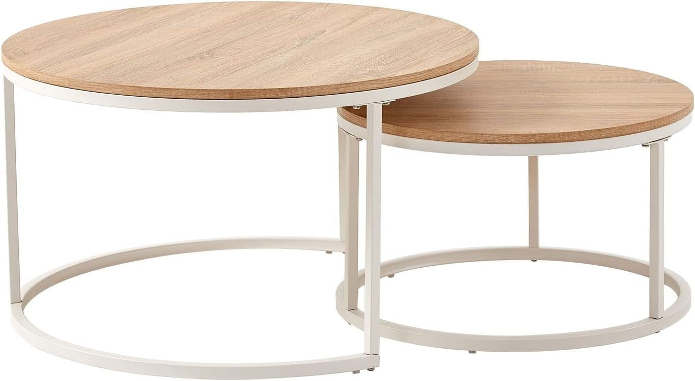 Space Saving Nesting Coffee Table Set Round White Oak End Side Tables Living Roo