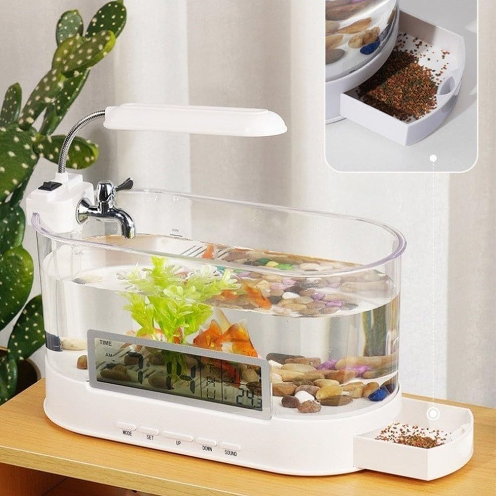 Compact LED Fish Tank Aquarium with Desk Lamp, Alarm Clock & Calendar